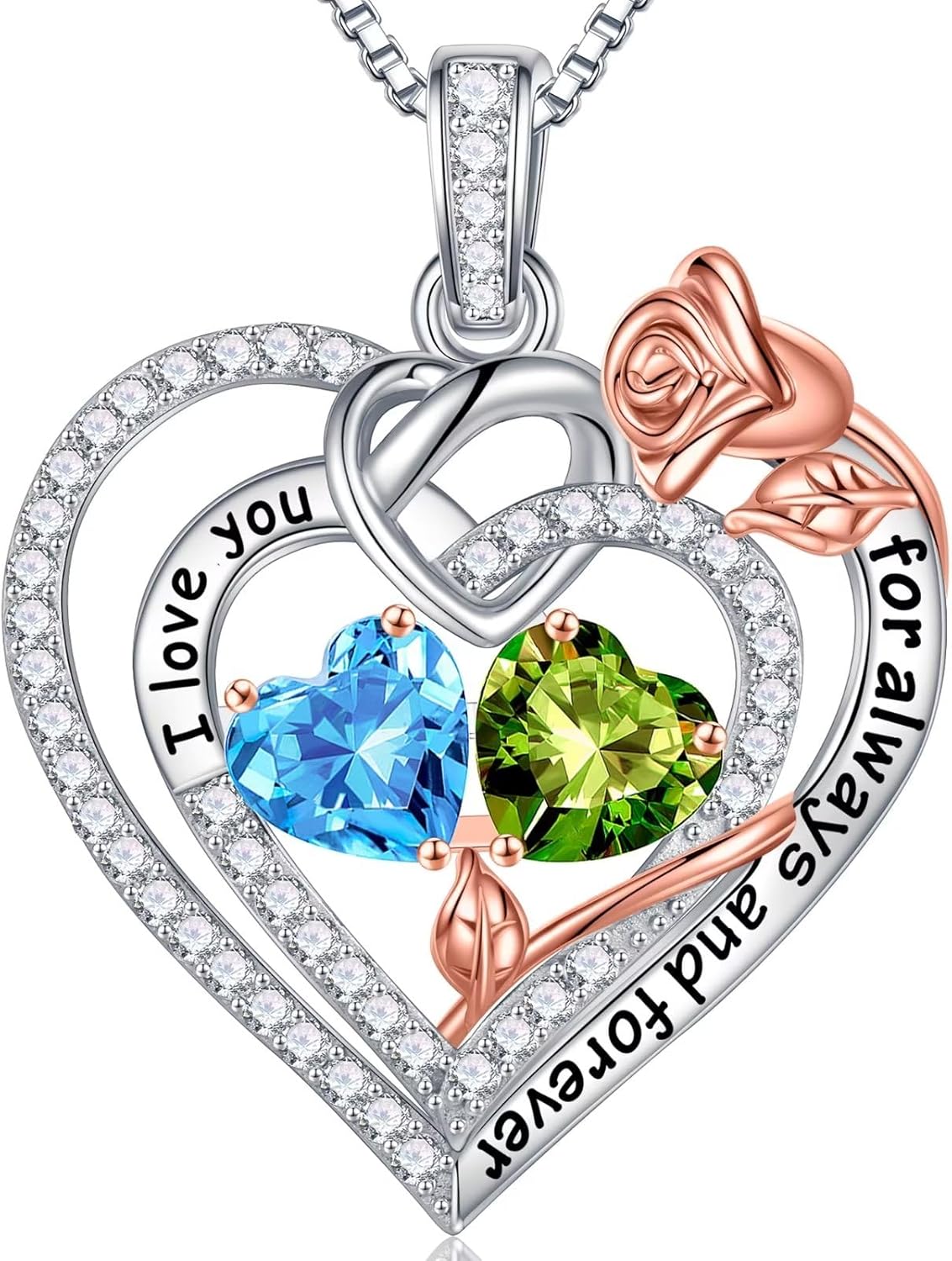 Sterling silver double birthstone pendant necklace on 18-inch chain, romantic gift for mom and wife