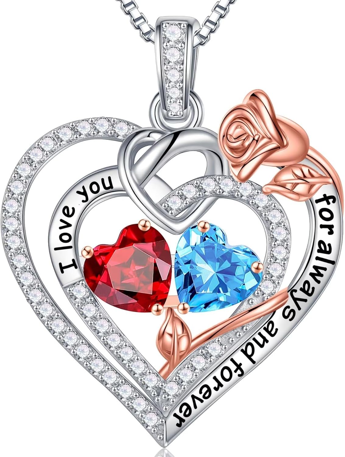 Sterling silver double birthstone pendant necklace on 18-inch chain, romantic gift for mom and wife