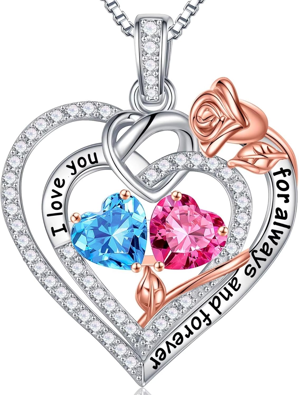 Sterling silver double birthstone pendant necklace on 18-inch chain, romantic gift for mom and wife