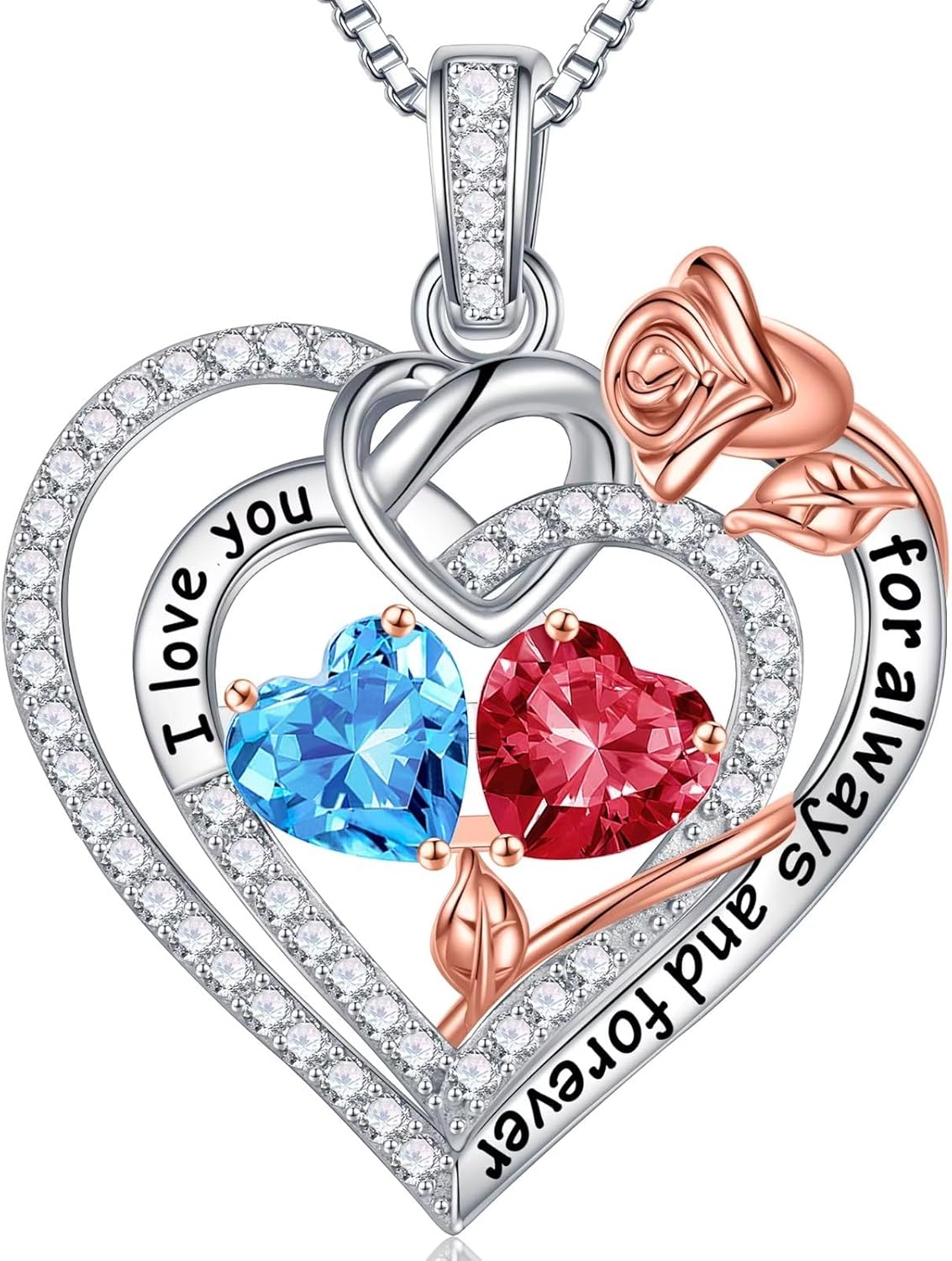 Sterling silver double birthstone pendant necklace on 18-inch chain, romantic gift for mom and wife