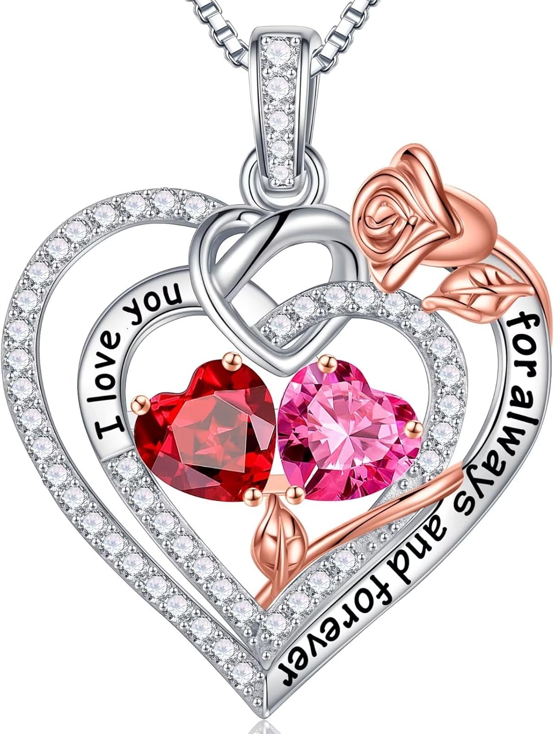 Sterling silver double birthstone pendant necklace on 18-inch chain, romantic gift for mom and wife