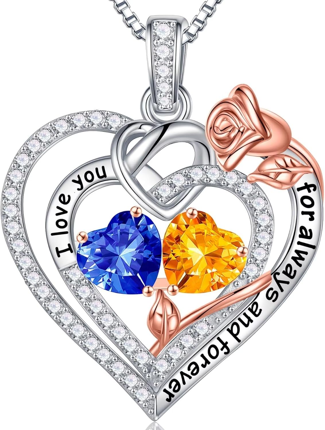 Sterling silver double birthstone pendant necklace on 18-inch chain, romantic gift for mom and wife