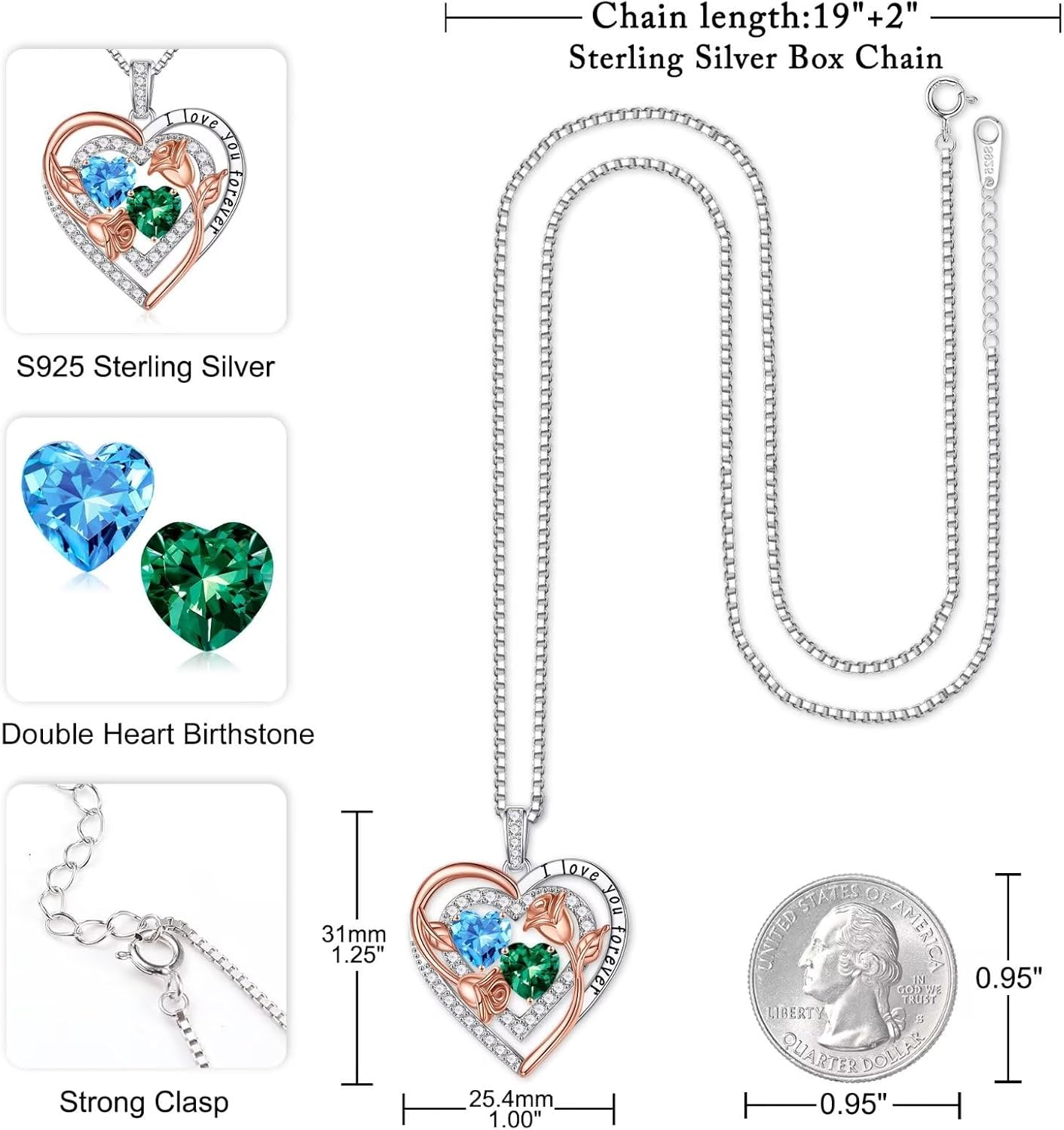 Sterling silver birthstone pendant necklace with romantic design, 18-inch chain