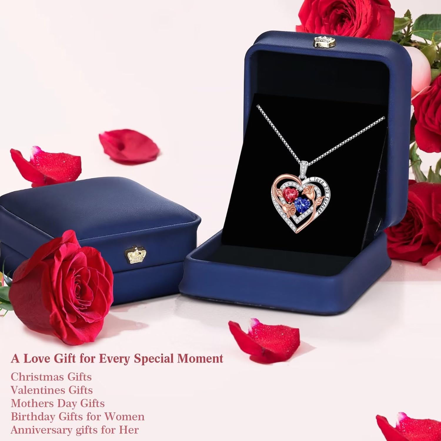 Sterling silver birthstone pendant necklace with romantic design, 18-inch chain