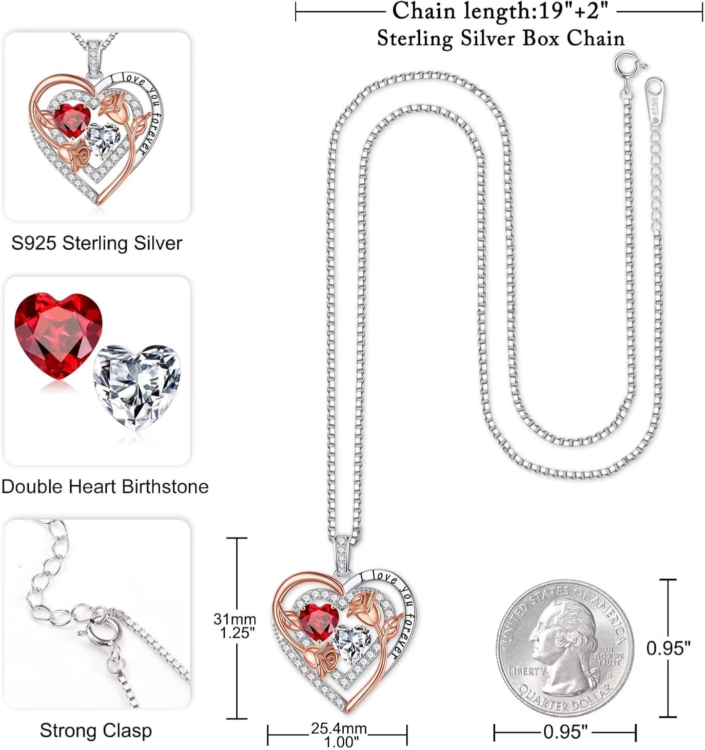 Sterling silver birthstone pendant necklace with romantic charm, 18-inch length
