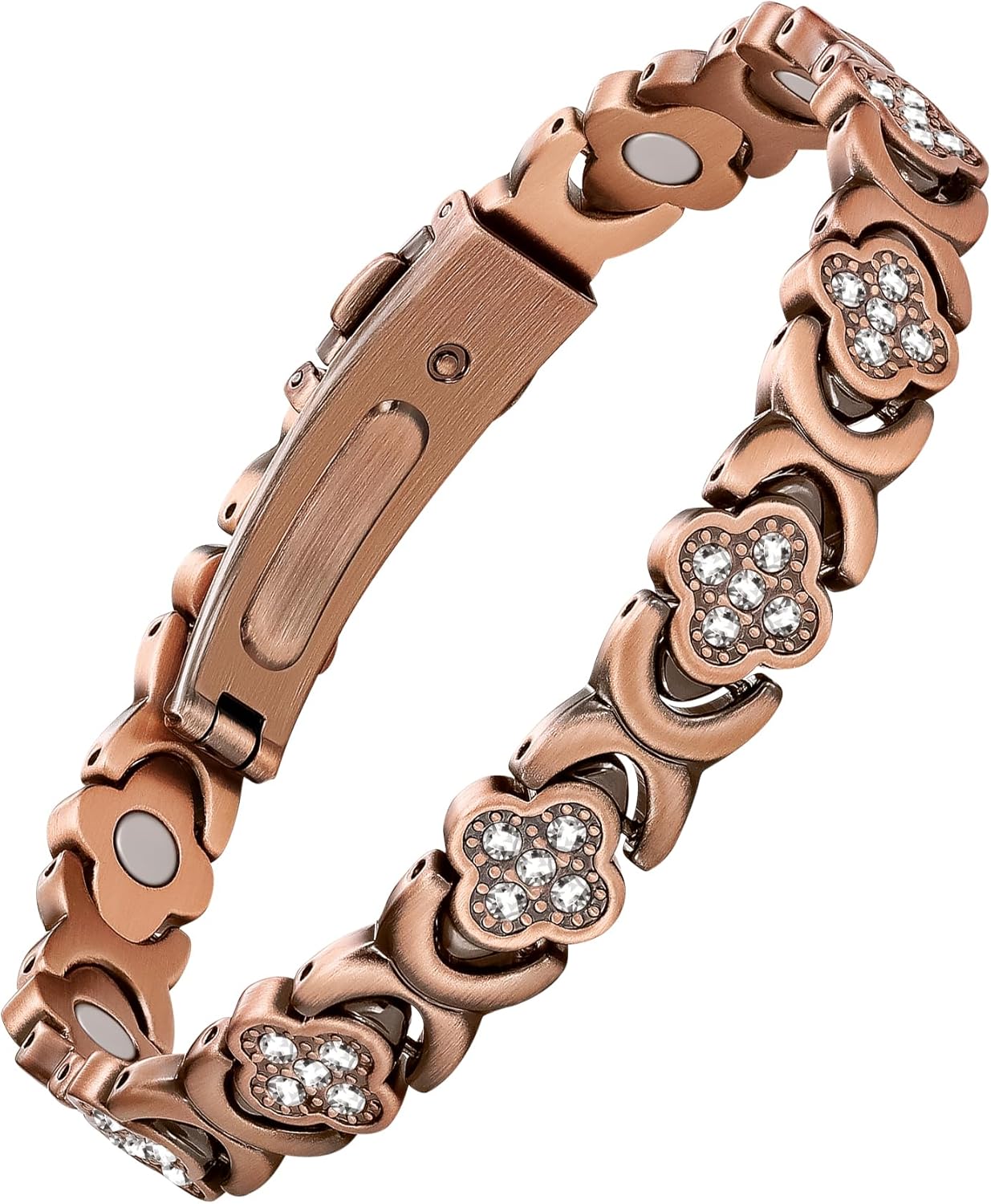 Adjustable pure copper magnetic therapy bracelet with cubic zirconia accents and neodymium magnets