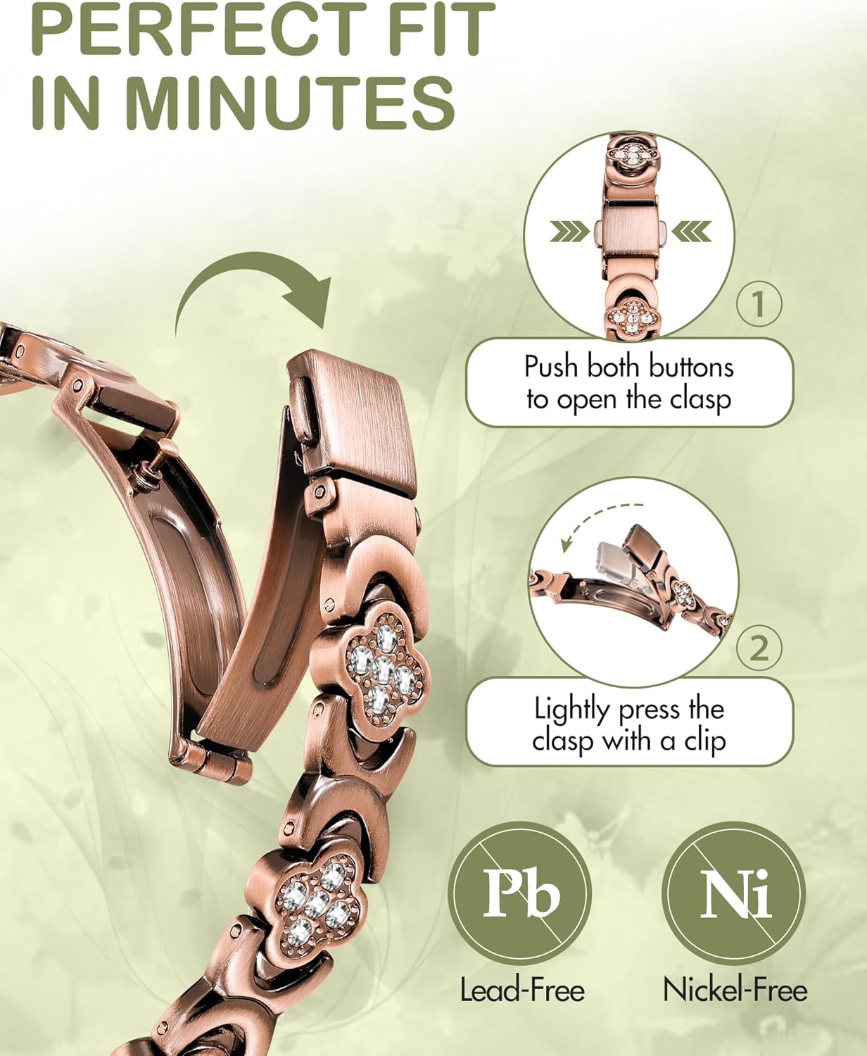 Adjustable pure copper magnetic therapy bracelet with cubic zirconia accents and neodymium magnets