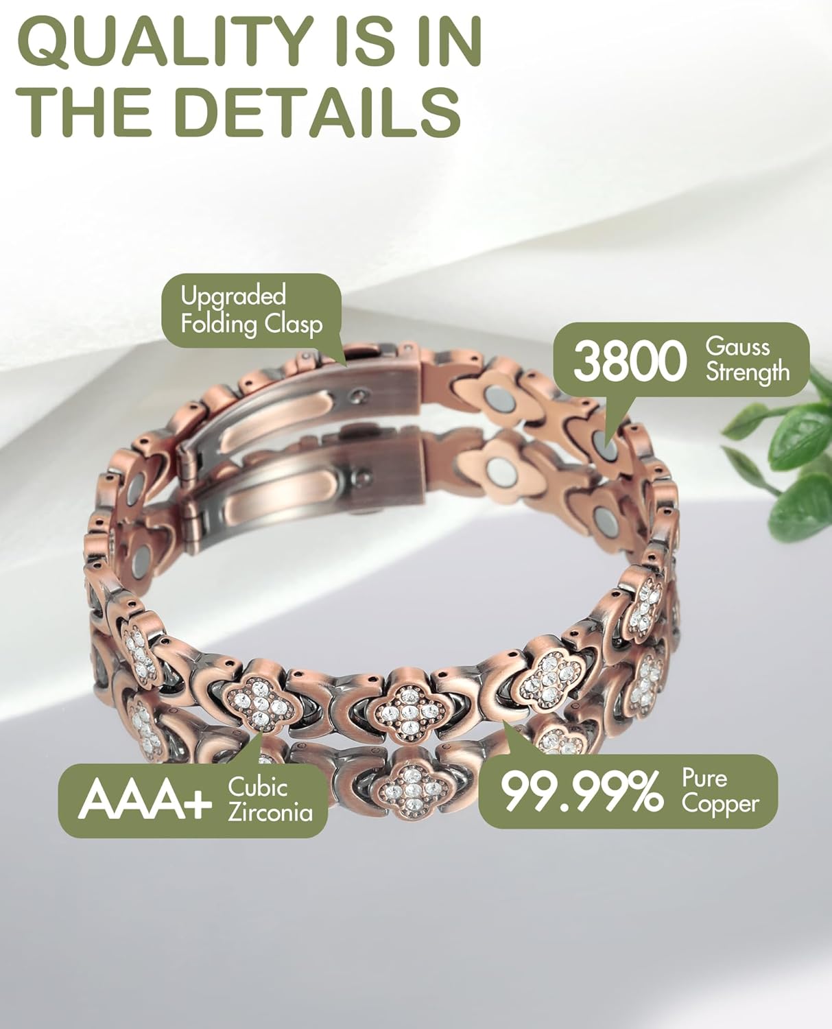 Adjustable pure copper magnetic therapy bracelet with cubic zirconia accents and neodymium magnets