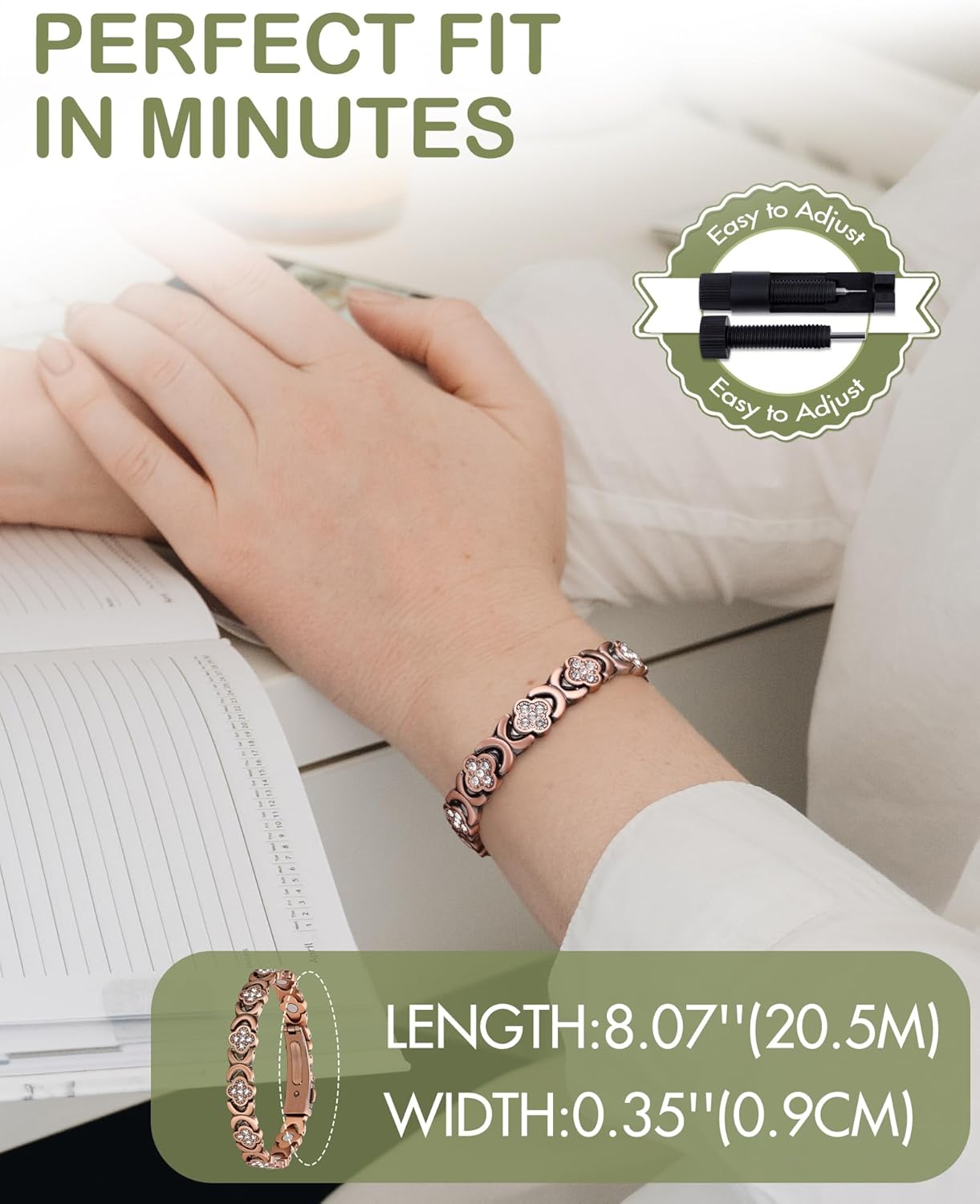Adjustable pure copper magnetic therapy bracelet with cubic zirconia accents and neodymium magnets