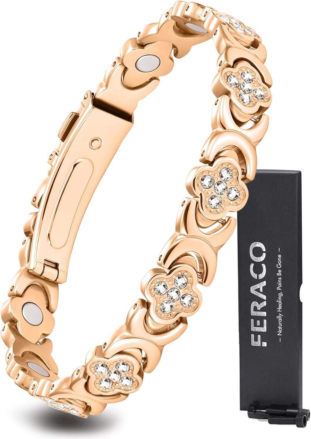 Adjustable pure copper magnetic therapy bracelet with cubic zirconia accents and neodymium magnets