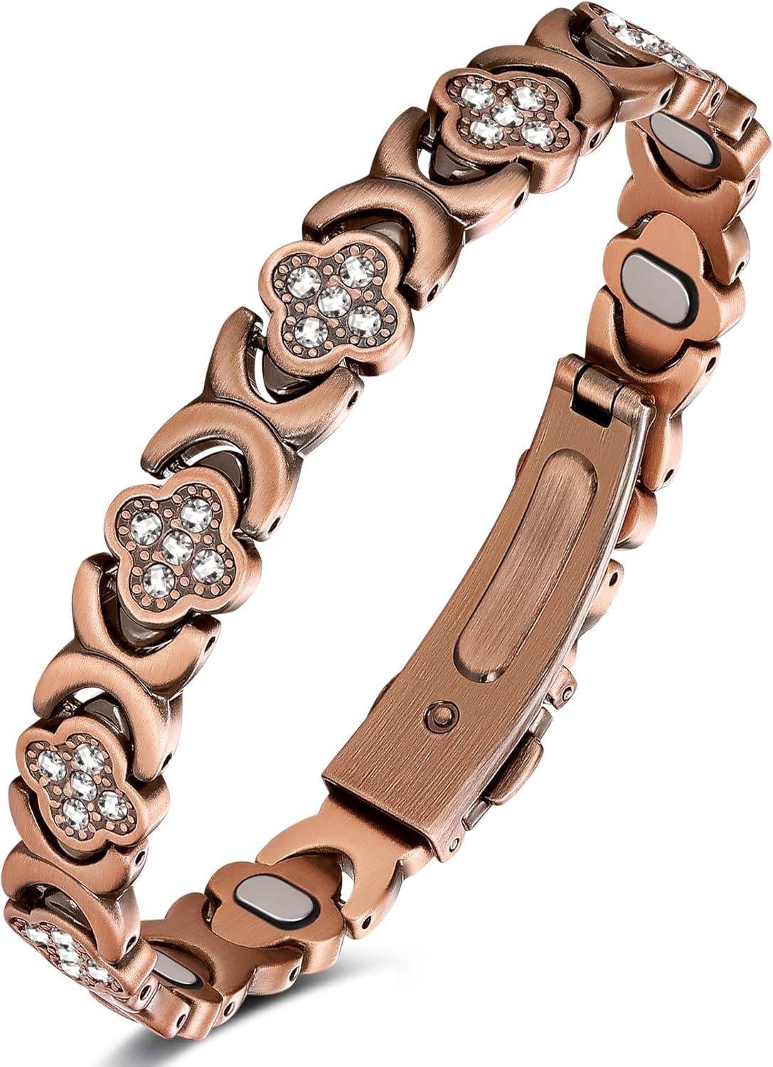 Adjustable pure copper magnetic therapy bracelet with cubic zirconia accents and neodymium magnets