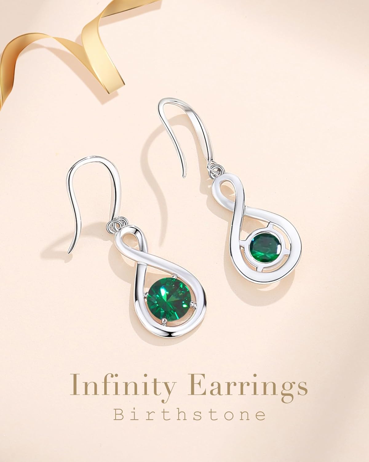 Sterling silver dainty infinity drop earrings with round birthstone gemstone, romantic style