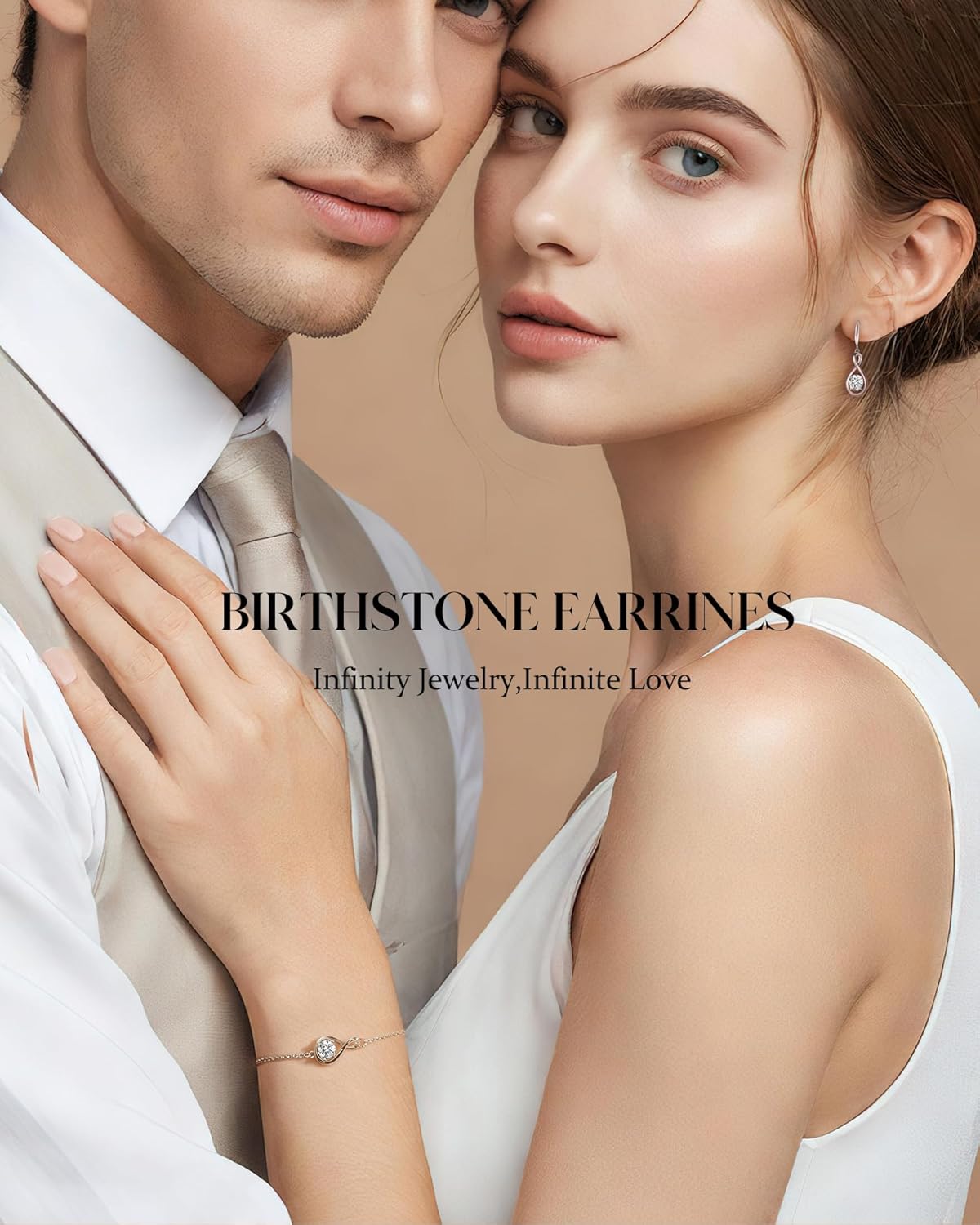 Sterling silver dainty infinity drop earrings with round birthstone gemstone, romantic style