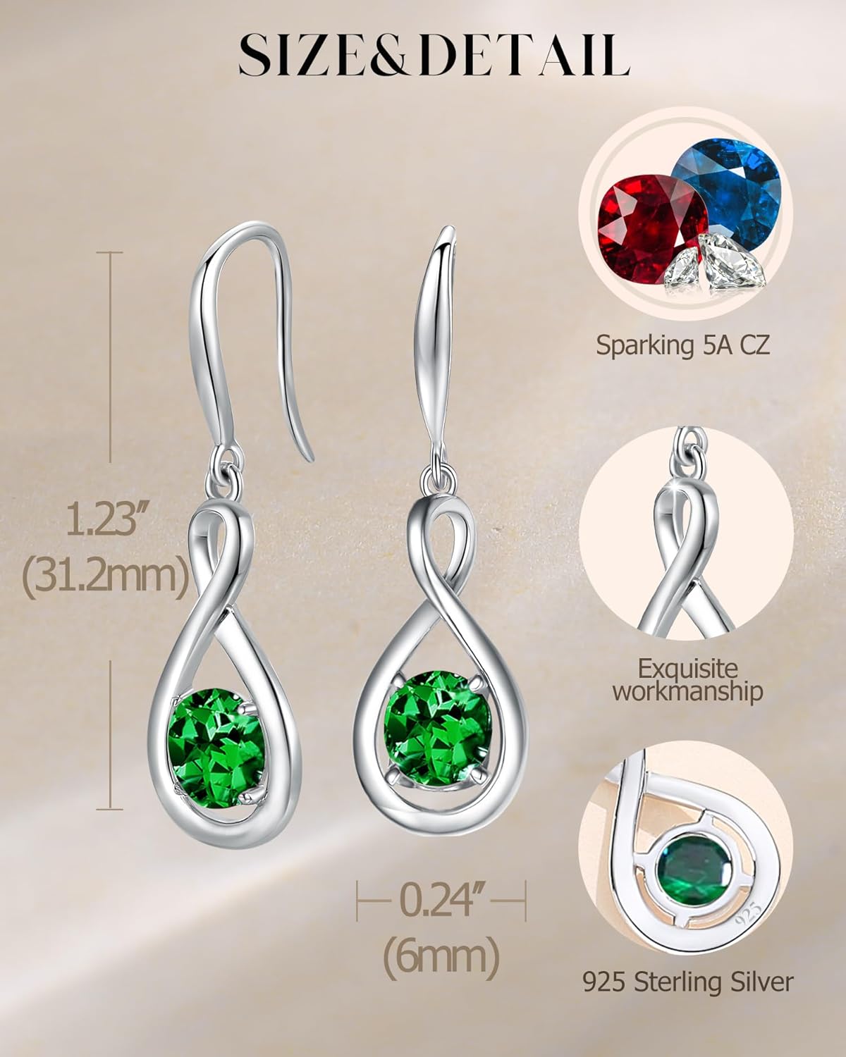 Sterling silver dainty infinity drop earrings with round birthstone gemstone, romantic style