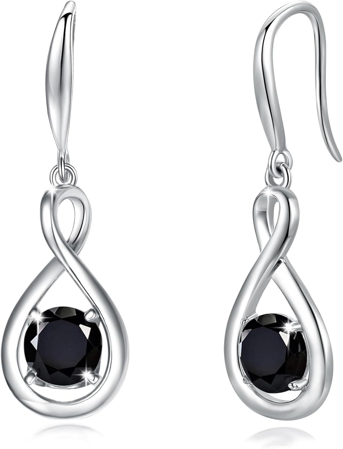 Sterling silver dainty infinity drop earrings with round birthstone gemstone, romantic style