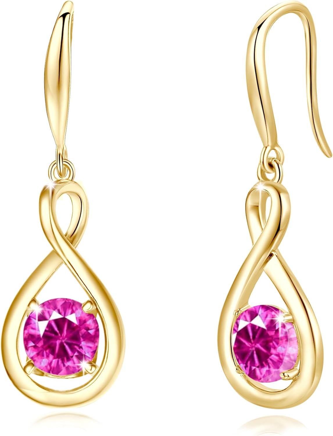 Sterling silver dainty infinity drop earrings with round birthstone gemstone, romantic style