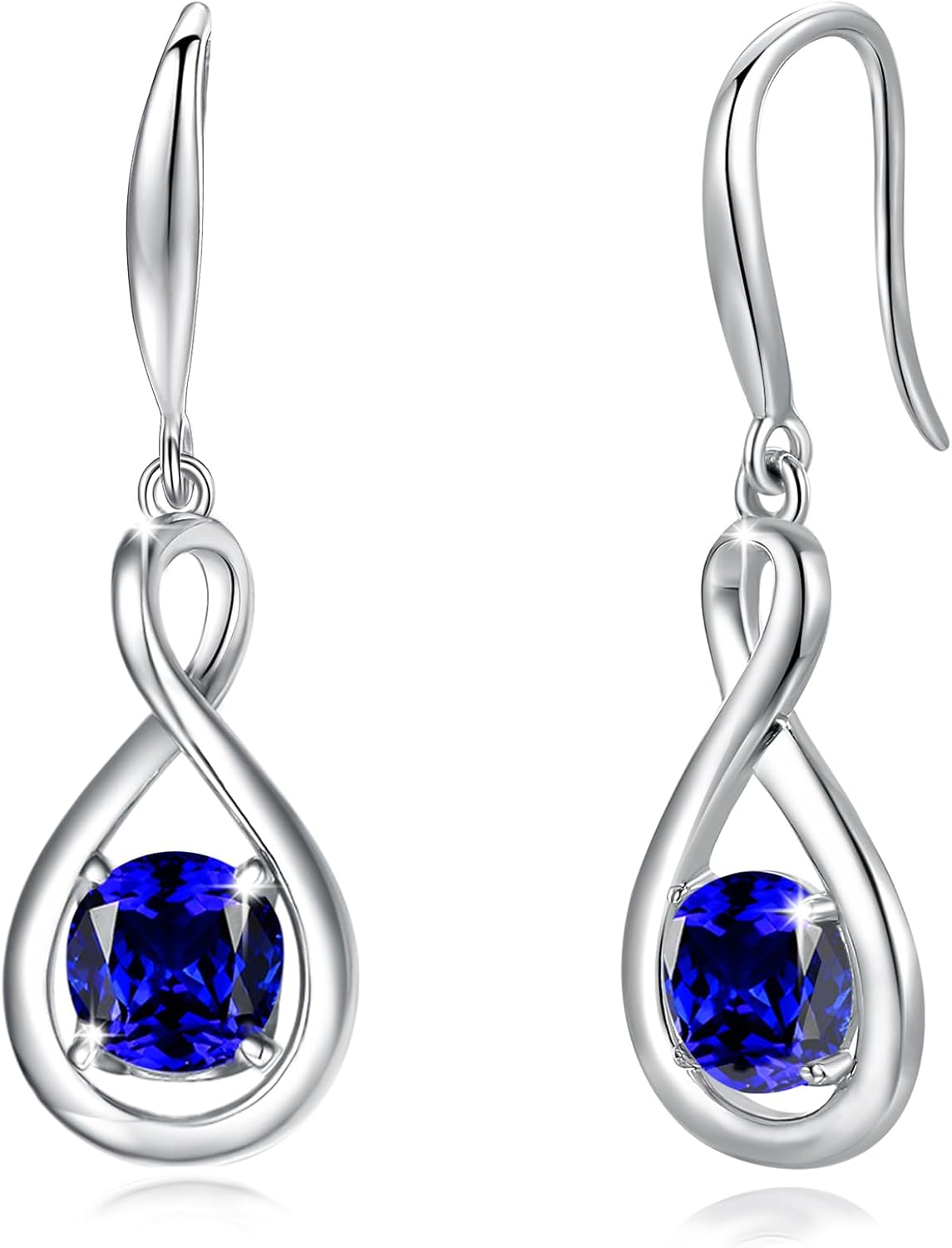 Sterling silver dainty infinity drop earrings with round birthstone gemstone, romantic style