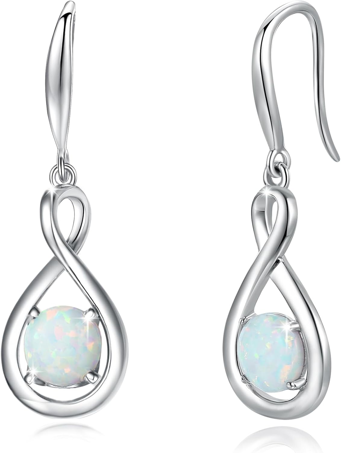 Sterling silver dainty infinity drop earrings with round birthstone gemstone, romantic style
