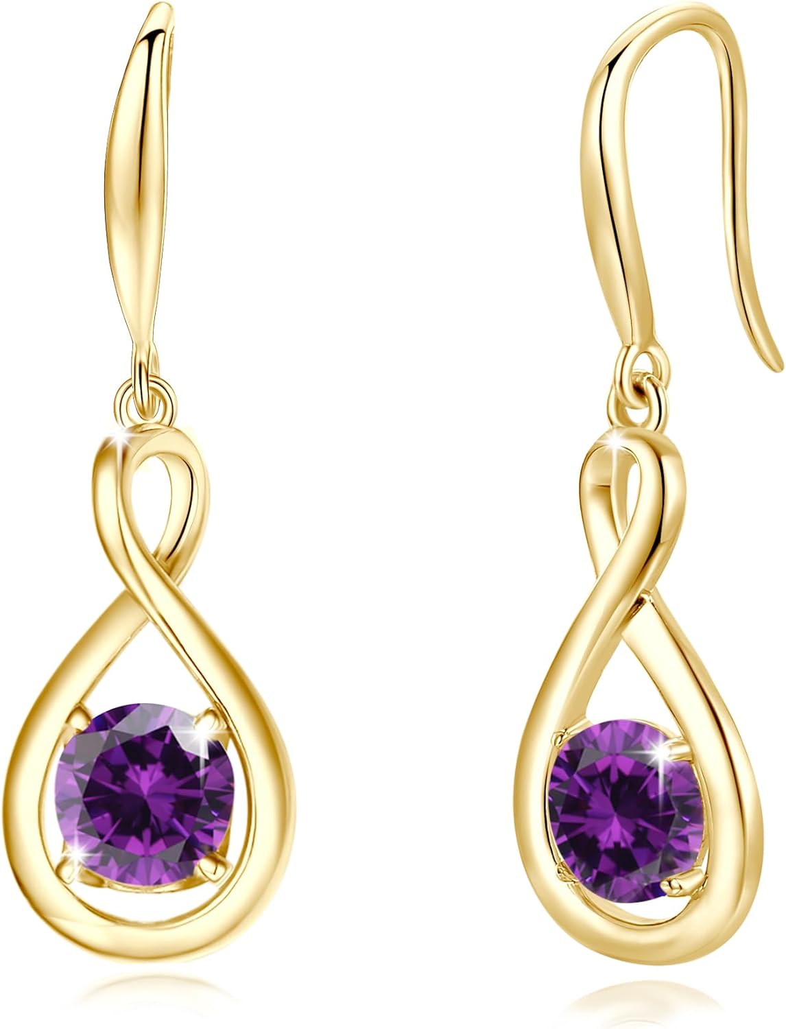 Sterling silver dainty infinity drop earrings with round birthstone gemstone, romantic style