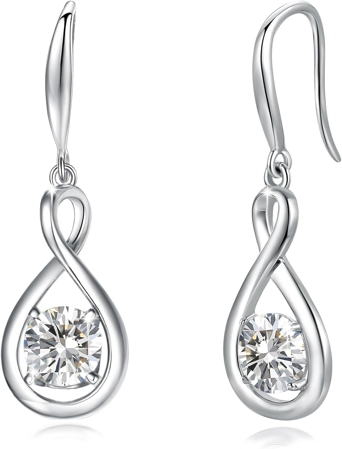 Sterling silver dainty infinity drop earrings with round birthstone gemstone, romantic style