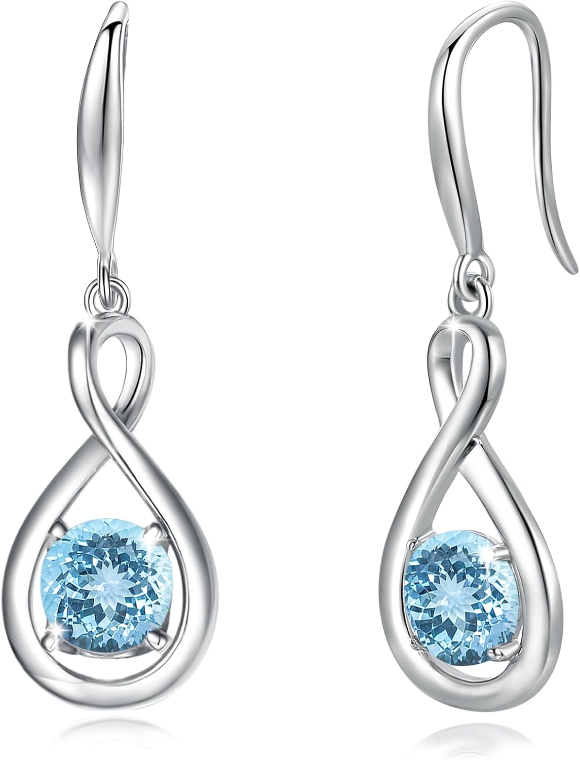 Sterling silver dainty infinity drop earrings with round birthstone gemstone, romantic style