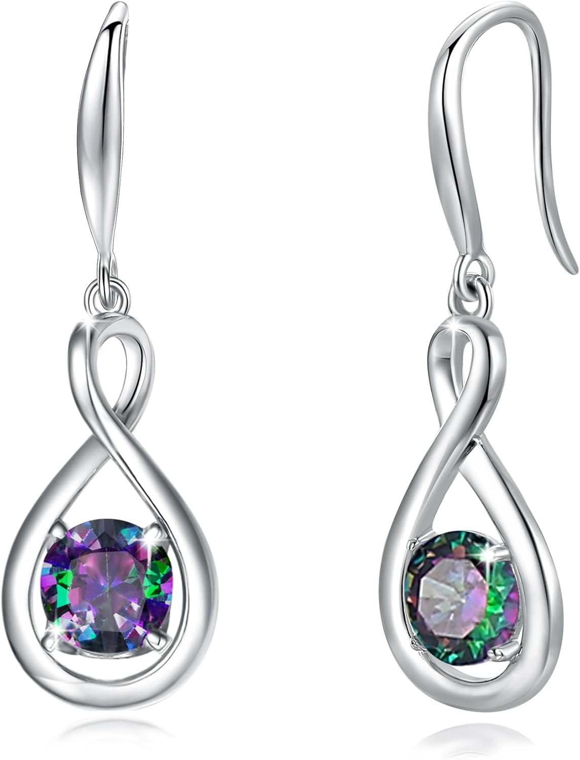 Sterling silver dainty infinity drop earrings with round birthstone gemstone, romantic style