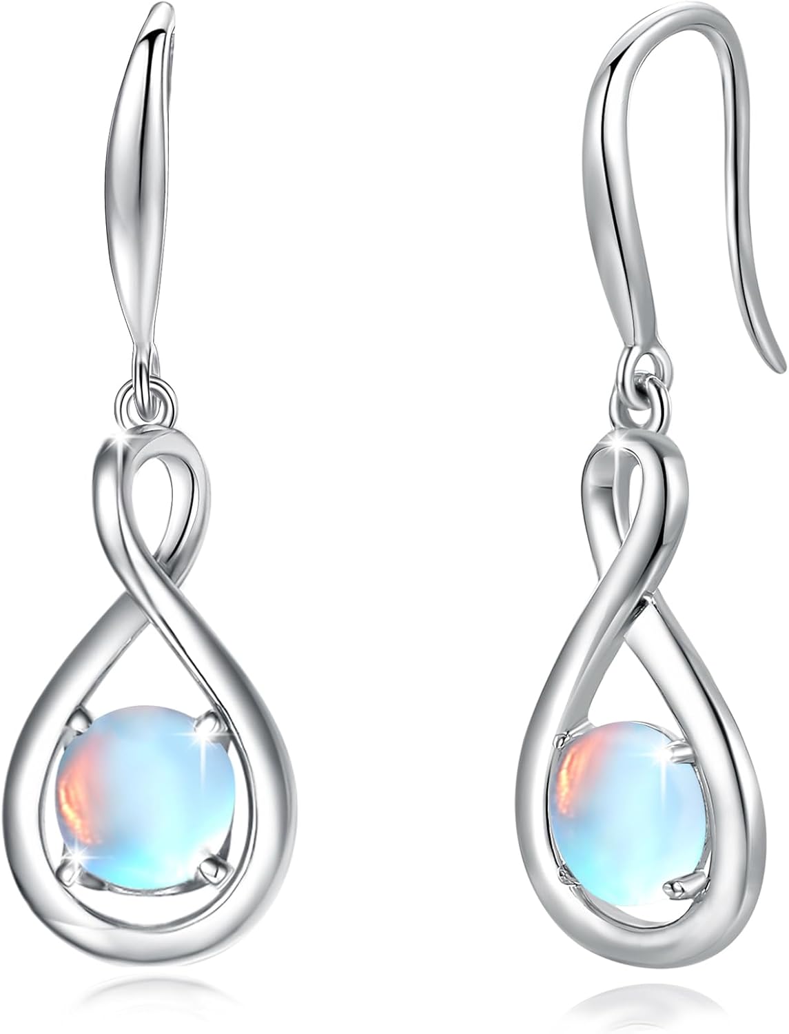 Sterling silver dainty infinity drop earrings with round birthstone gemstone, romantic style