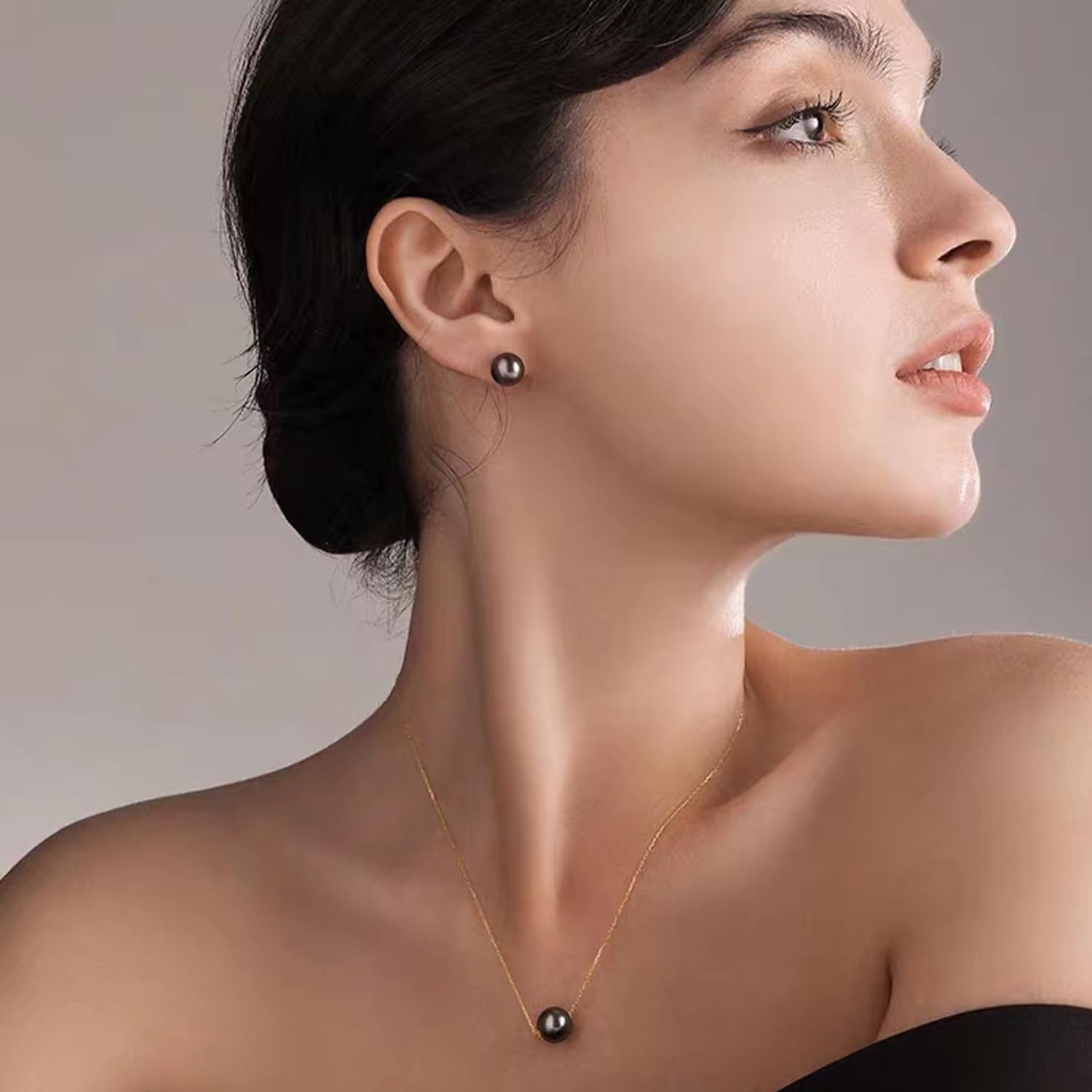 Tahitian black pearl stud earrings in sterling silver, classic elegant style