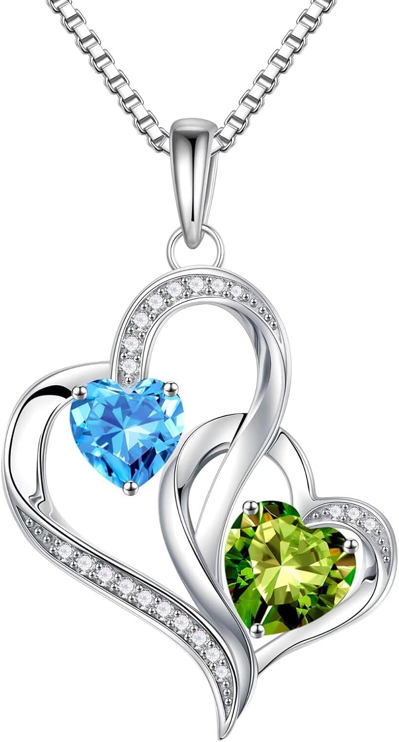 925 sterling silver double birthstone heart pendant necklace on 18-inch chain, romantic gift style