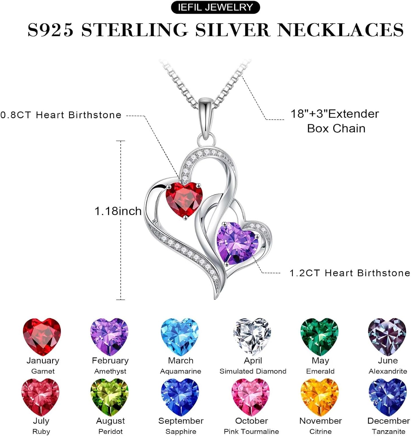 925 sterling silver double birthstone heart pendant necklace on 18-inch chain, romantic gift style