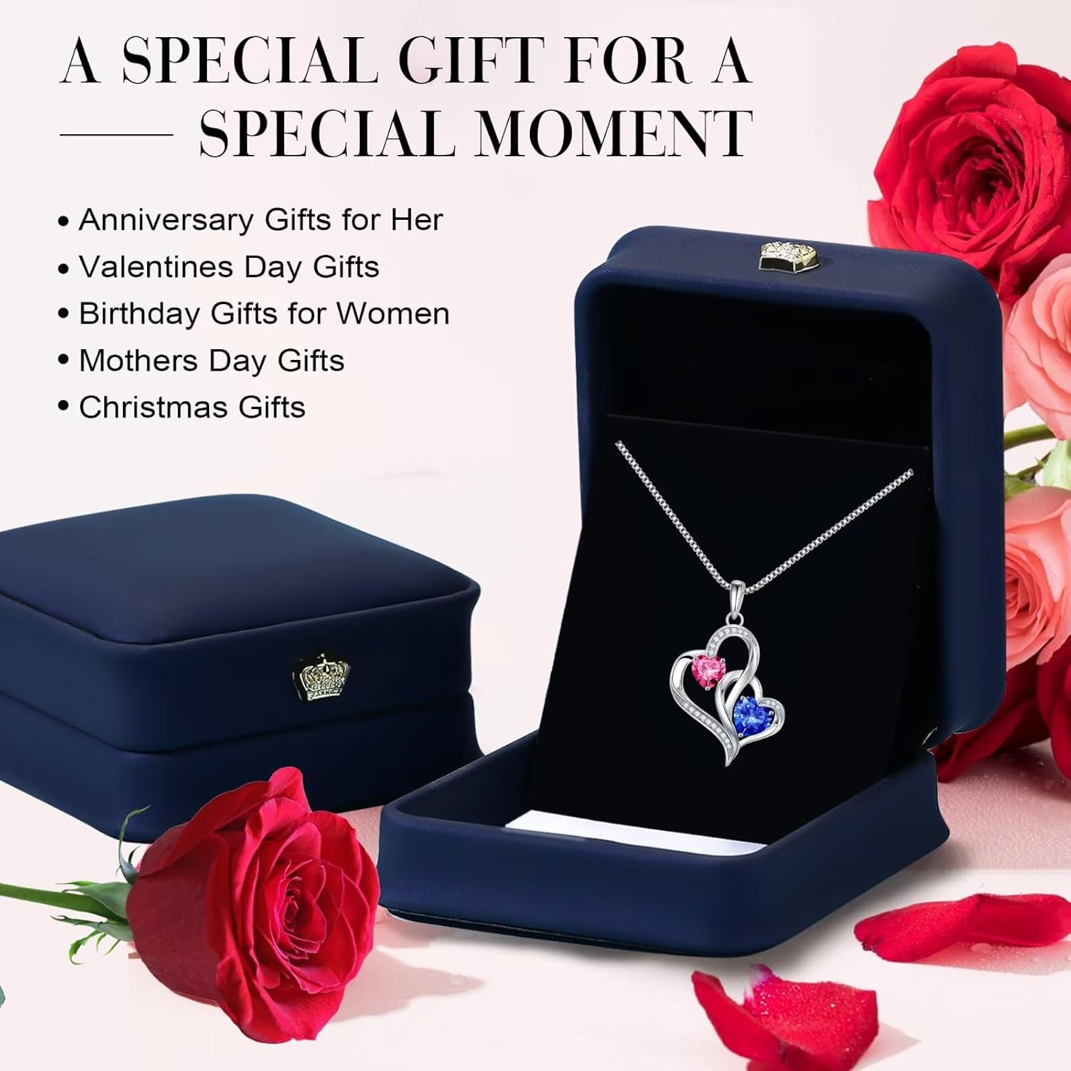 925 sterling silver double birthstone heart pendant necklace on 18-inch chain, romantic gift style