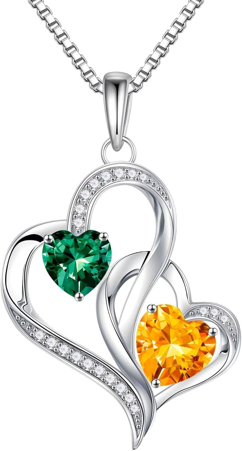 925 sterling silver double birthstone heart pendant necklace on 18-inch chain, romantic gift style