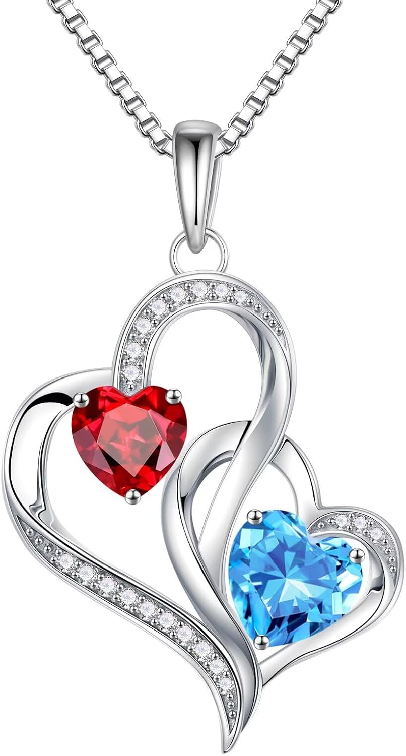 925 sterling silver double birthstone heart pendant necklace on 18-inch chain, romantic gift style