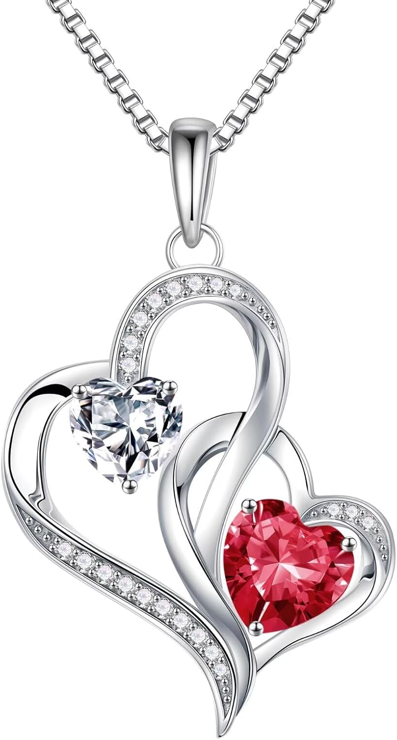 925 sterling silver double birthstone heart pendant necklace on 18-inch chain, romantic gift style