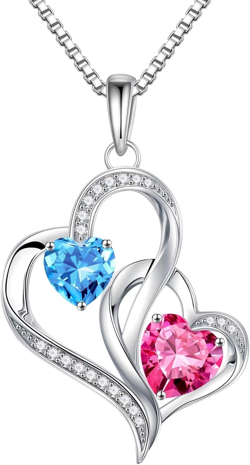 925 sterling silver double birthstone heart pendant necklace on 18-inch chain, romantic gift style