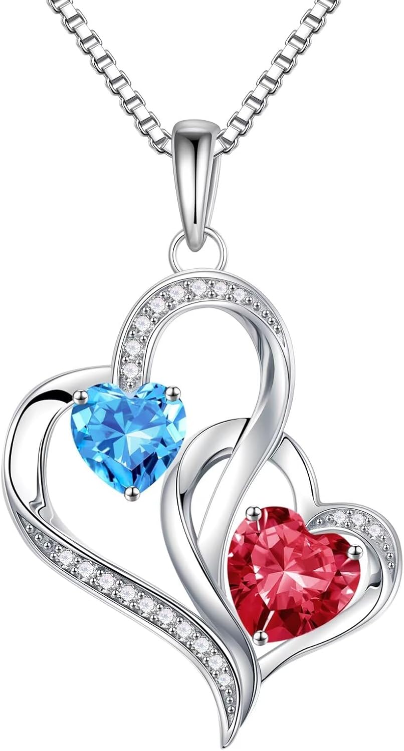 925 sterling silver double birthstone heart pendant necklace on 18-inch chain, romantic gift style