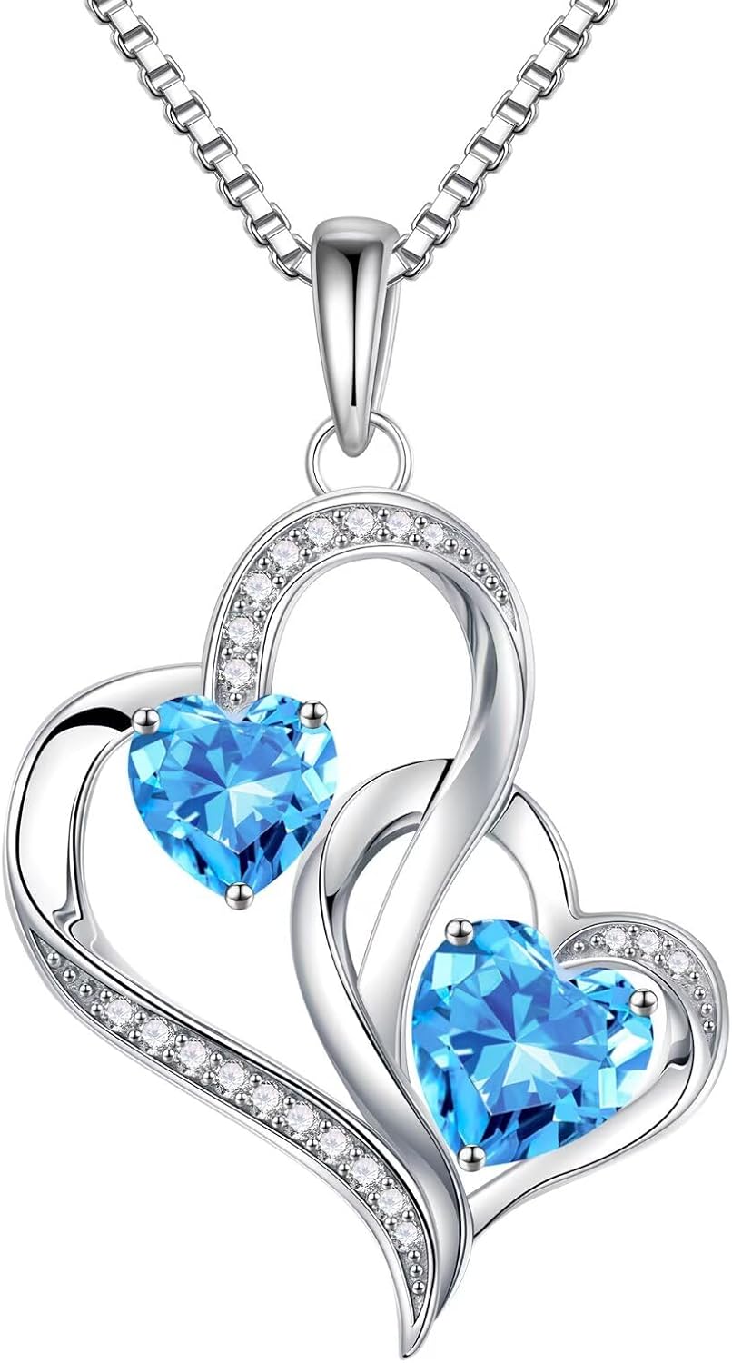 925 sterling silver double birthstone heart pendant necklace on 18-inch chain, romantic gift style