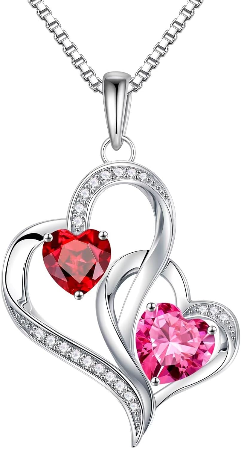 925 sterling silver double birthstone heart pendant necklace on 18-inch chain, romantic gift style