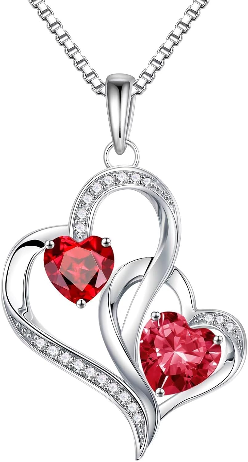 925 sterling silver double birthstone heart pendant necklace on 18-inch chain, romantic gift style