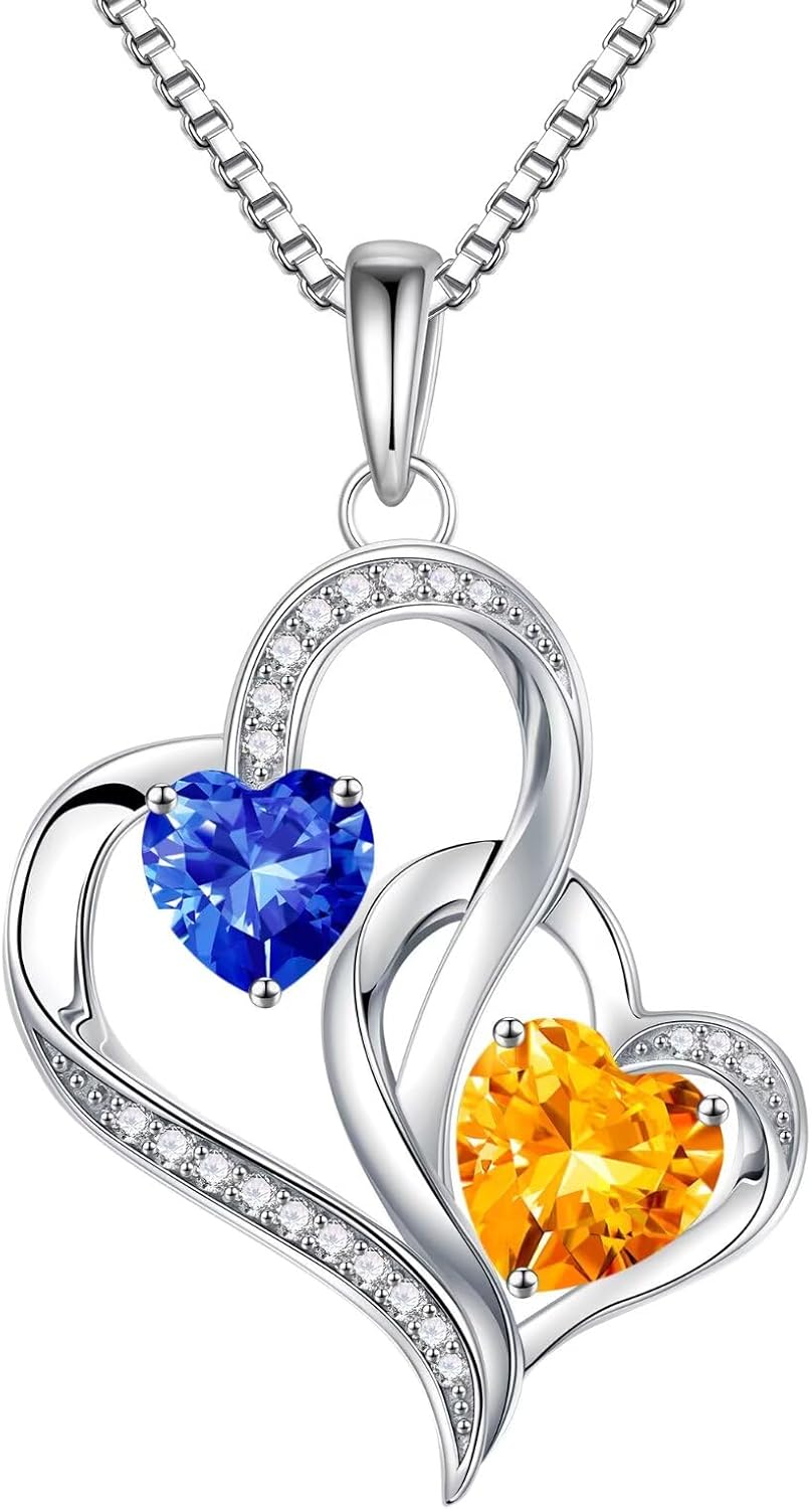 925 sterling silver double birthstone heart pendant necklace on 18-inch chain, romantic gift style
