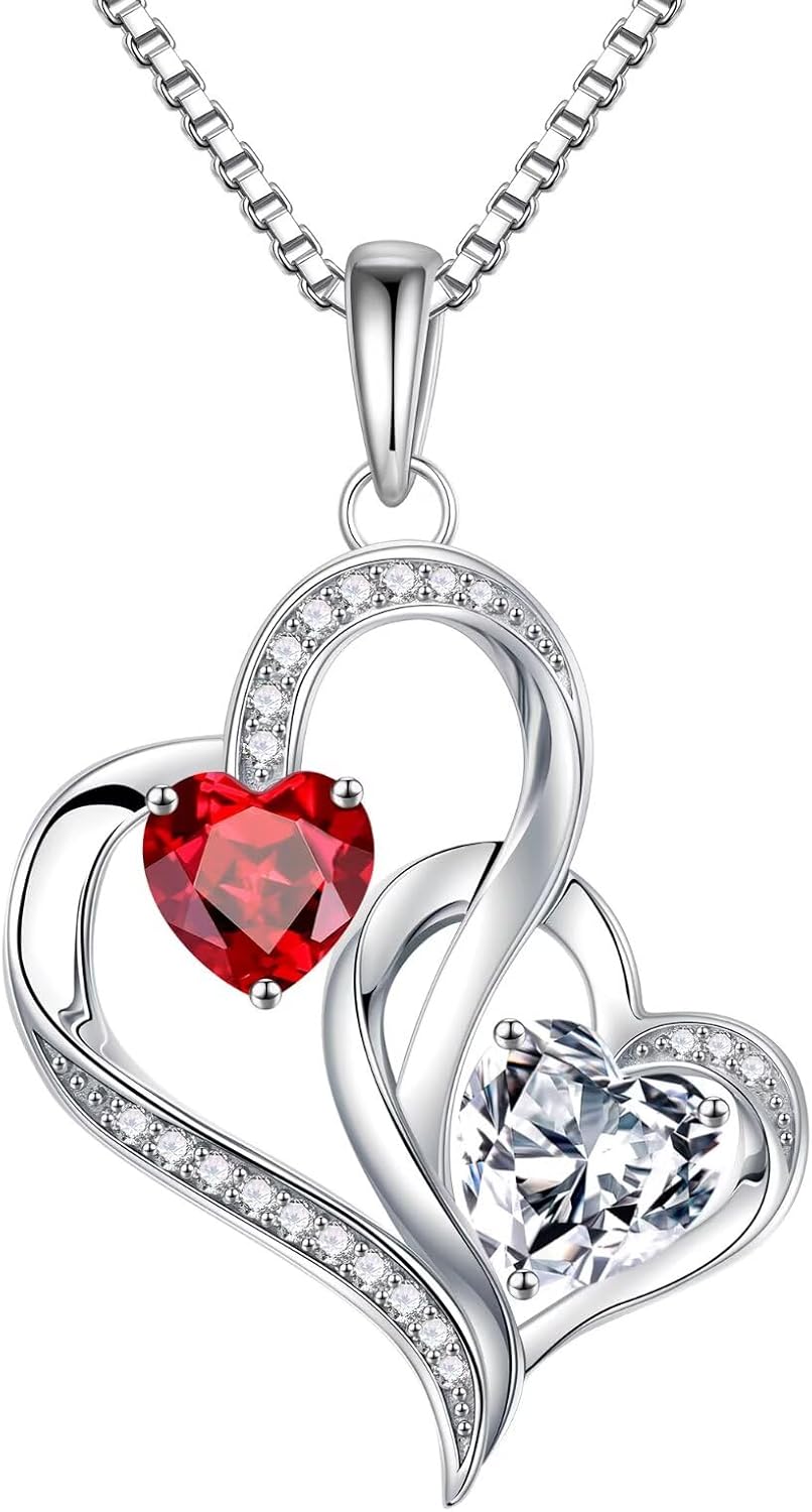 925 sterling silver double birthstone heart pendant necklace on 18-inch chain, romantic gift style
