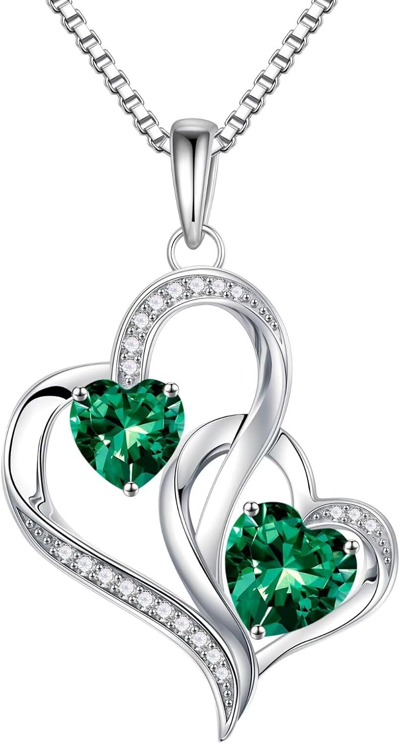 925 sterling silver double birthstone heart pendant necklace on 18-inch chain, romantic gift style