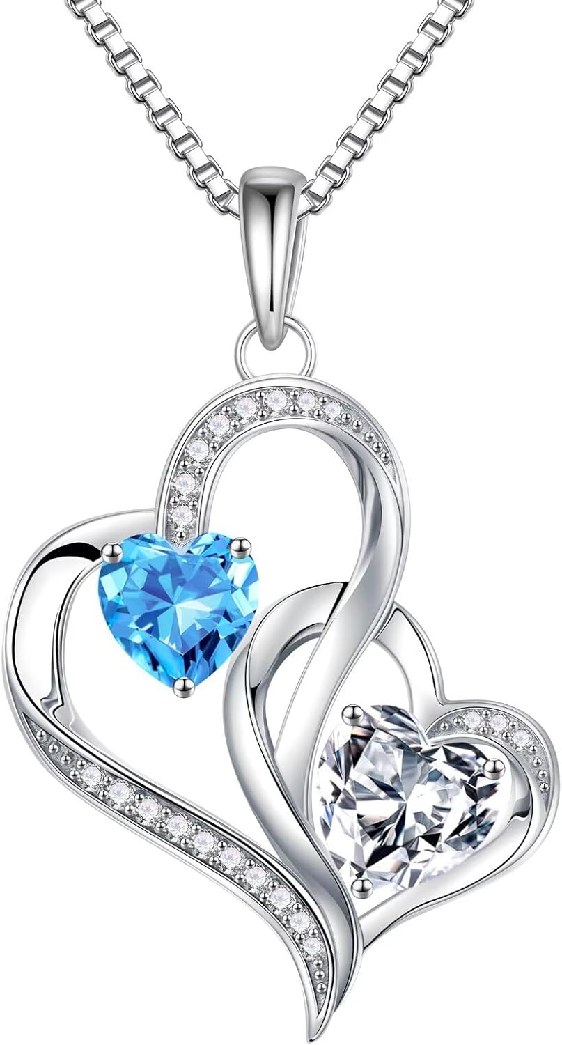 925 sterling silver double birthstone heart pendant necklace on 18-inch chain, romantic gift style