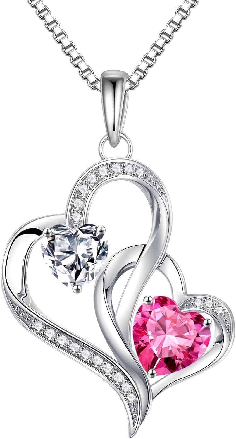 925 sterling silver double birthstone heart pendant necklace on 18-inch chain, romantic gift style