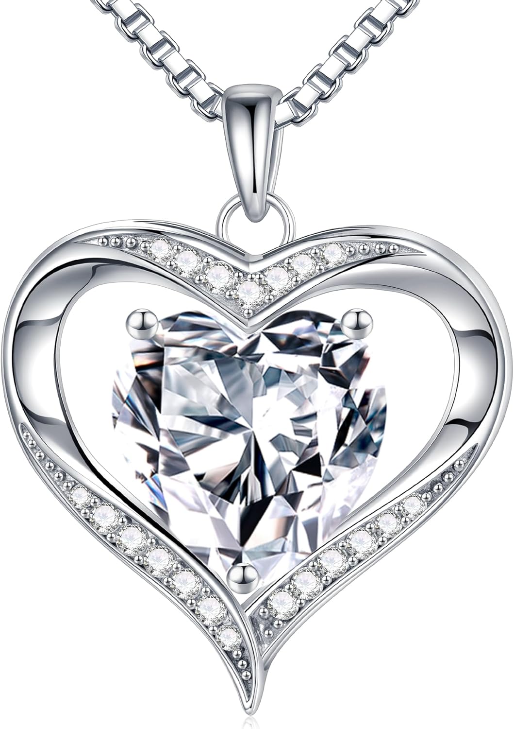Romantic heart moissanite pendant necklace in 925 sterling silver with rhodium plating, 18-inch chain
