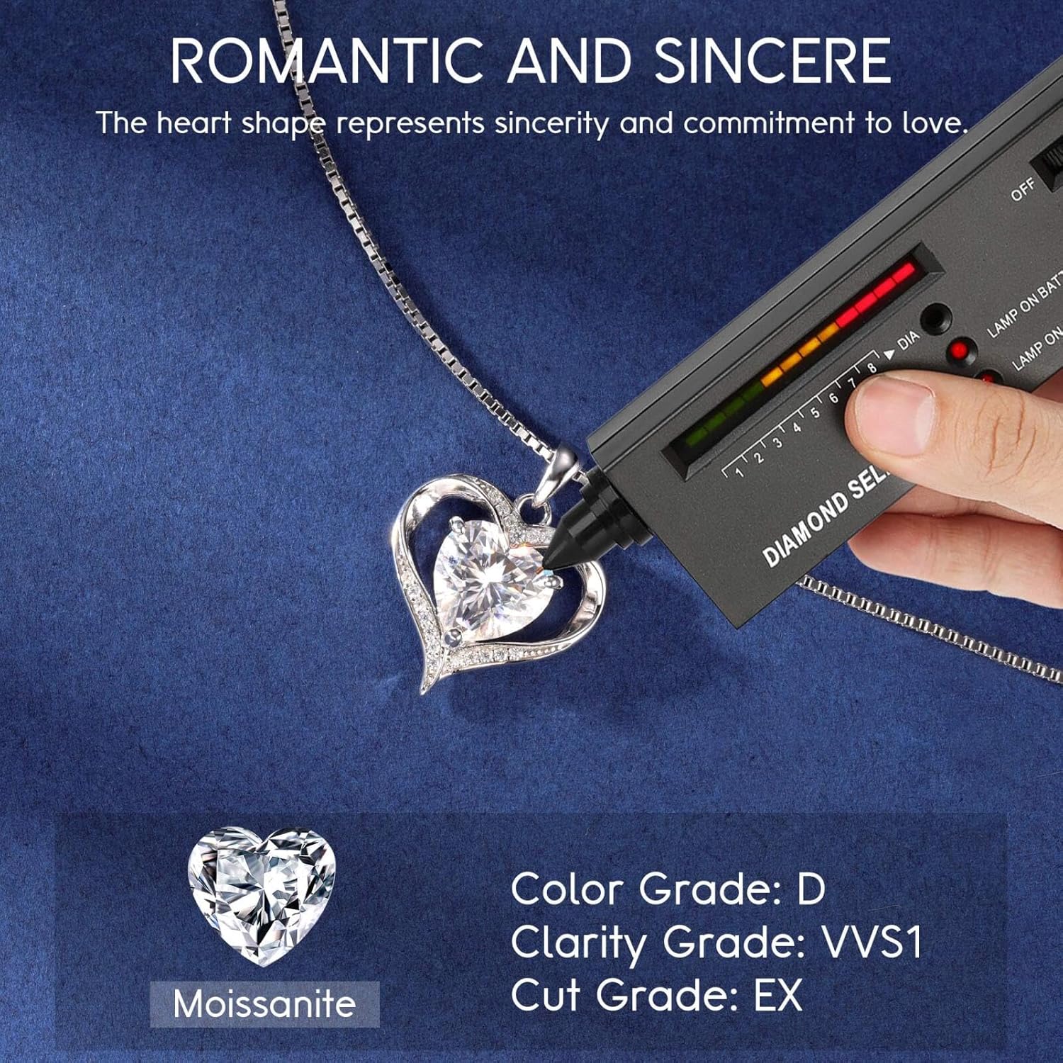 Romantic heart moissanite pendant necklace in 925 sterling silver with rhodium plating, 18-inch chain