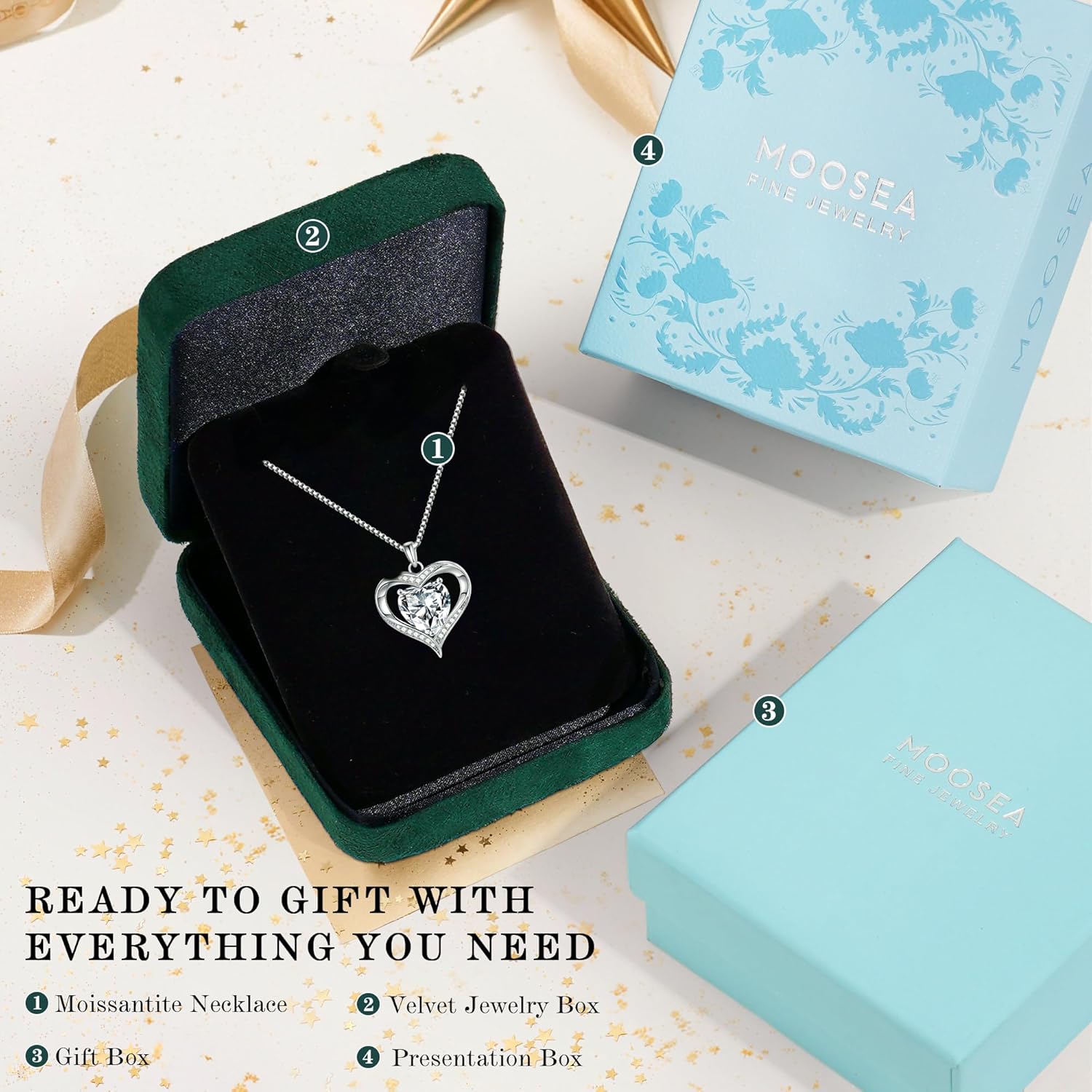 Romantic heart moissanite pendant necklace in 925 sterling silver with rhodium plating, 18-inch chain