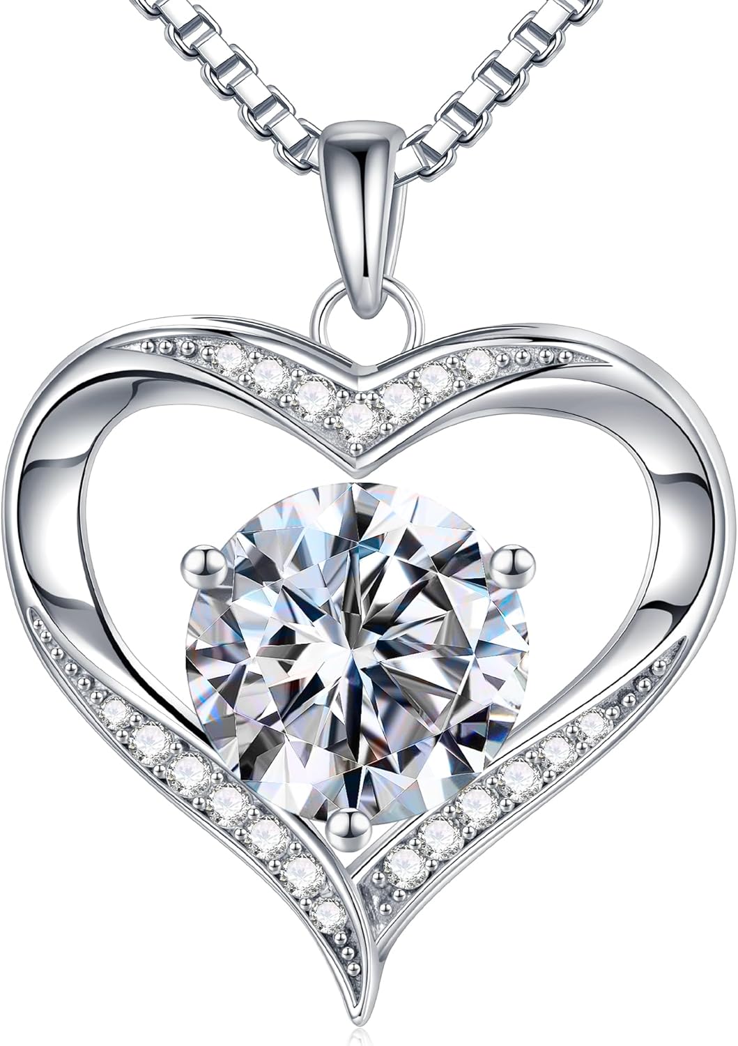 Romantic heart moissanite pendant necklace in 925 sterling silver with rhodium plating, 18-inch chain