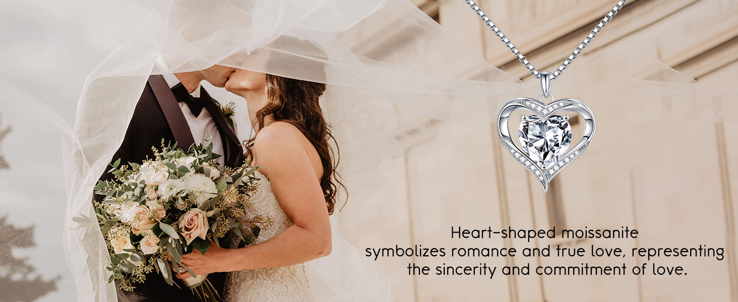 Romantic heart moissanite pendant necklace in 925 sterling silver with rhodium plating, 18-inch chain