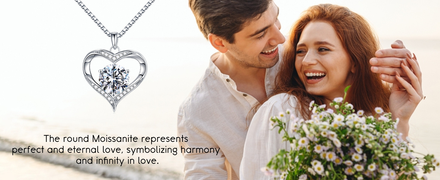 Romantic heart moissanite pendant necklace in 925 sterling silver with rhodium plating, 18-inch chain
